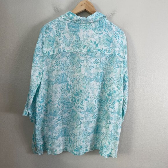 Sigrid Olsen Womens Plus 1X 100% Linen Side Button Top Floral Turquoise White - Picture 10 of 11